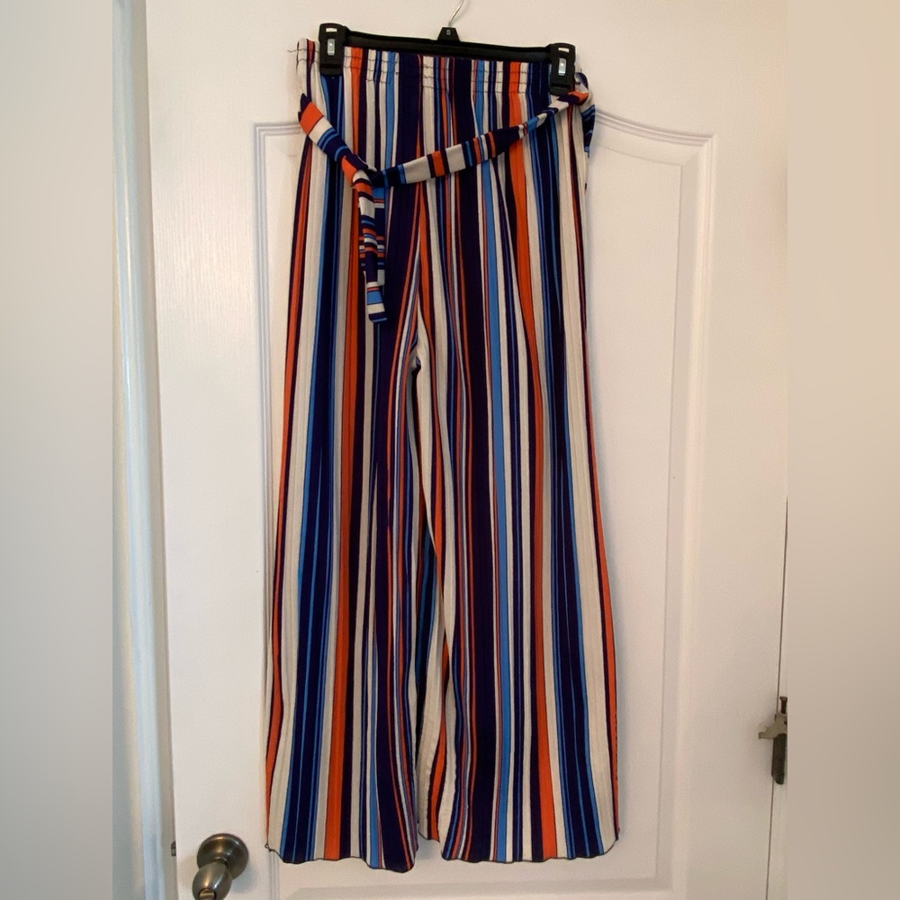 Multicolored Wide Legged Pants with Spandex Waist and Belt